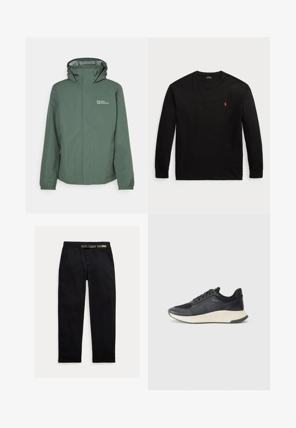 Veste imperméable verte avec un col haut, une capuche réglable et des poignets élastiques. Présente un logo sur la poitrine gauche et une fermeture éclair à l'avant.; T-shirt noir à manches longues en coton. Il possède un col rond, des poignets côtelés et un petit logo rouge brodé sur la poitrine. Texture lisse.; Pantalon noir en tissu léger, avec une taille élastique intégrant une ceinture verte, coupe droite et poches latérales.; Sneaker de sport noir avec une tige en mesh perforé, une semelle intermédiaire texturée crème et une semelle extérieure en caoutchouc pour une traction optimale.