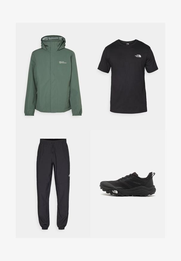 Grüne wasserdichte Jacke mit hohem Kragen, verstellbarem Kapuze und elastischen Bündchen. Mit Logo auf der linken Brust und einem Frontreißverschluss.; Schwarzes T-Shirt mit kurzen Ärmeln aus Baumwolle, mit einem runden Ausschnitt und einem kleinen weißen Logo auf der oberen linken Brust.; Schwarze Sporthosen aus leichtem Stoff, mit einem Kordelzugbund, seitlichen Taschen und schmal zulaufenden Bündchen an den Knöcheln.; Schwarzer Trailrunning-Schuh mit strukturiertem Obermaterial, Gummisohle und verstärkter Zehenkappe. Verfügt über einen gepolsterten Kragen und eine Ziehlasche für einfaches Anziehen.