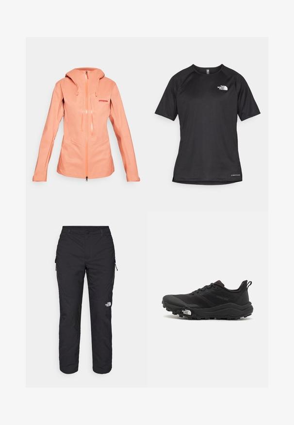 Women's light coral waterproof jacket with hood, full front zipper, two vertical chest pockets, and "Patagonia" logo on the left chest.; Black short-sleeve athletic shirt with a textured fabric, featuring a white logo on the left chest and a straight hem.; The North Face WINTER EXPLORATION TAPERED CARGO - Outdoor trousers - black; Black trail running shoe with a textured upper, rubber sole, and reinforced toe cap. Features a padded collar and pull tab for easy wear.