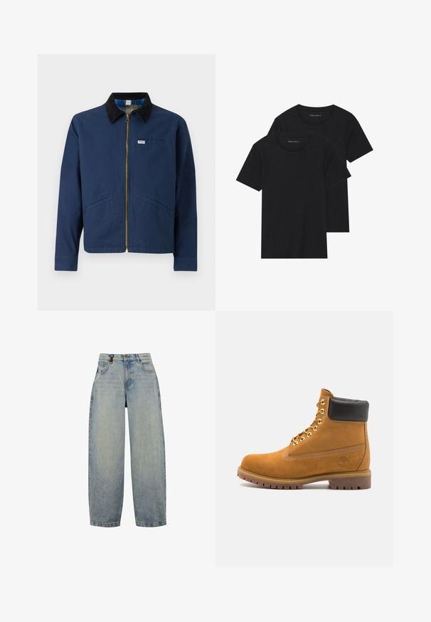 Granatowa kurtka z kołnierzem z sztruksu, przednim zamkiem błyskawicznym, dwoma kieszeniami po bokach oraz małą metką marki na piersi. Tekstura z bawełny.; Dwie czarne bawełniane koszulki z krótkimi rękawami, okrągłymi dekoltami i gładką fakturą, wyeksponowane ułożone jedna na drugiej.; Jasnoniebieskie dżinsy o luźnym kroju, z wysokim stanem, szerokimi nogawkami, klasycznym pięciopocketowym fasonie oraz metalowymi akcentami.; Beżowe zamszowe botki sięgające kostki z czarną wyściełaną krawędzią, złotymi oczkami, białymi detalami szycia oraz wytrzymałą gumową podeszwą z wyraźnym bieżnikiem.