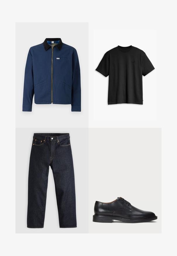 Tummansininen takki, jossa on cockeettikaulus, etuvetoketju, kaksi sivutaskua ja pieni merkkilappu rinnassa. Puuvillakangas.; Musta puuvillapaita, jossa on pyöreä kaula-aukko ja lyhyet hihat. Edessä on huomaamaton logo ja suora helma. Yksinkertainen ja minimalistinen muotoilu.; Tummansinisiä farkkuja, joissa on suora leikkaus, viisi taskua, kontrastiväriset oranssit tikkaukset ja napitus. Ei näkyviä kuvioita tai koristeita.; Musta nahkakenkä, jossa on pyöreä varvas, nauhakiinnitys ja matala tukipohja. Tasainen pinta, jossa on minimaalinen ommeltu yksityiskohta.