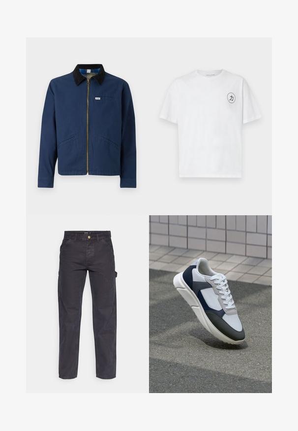 Mörkblå jacka med en kordflidor-krage, framdragkedja, två.sidofickor och en liten märkesetikett på bröstet. Tyg i bomull.; Vit bomullst-shirt med rund halsringning, korta ärmar och en cirkulär svart grafik med en karaktär på vänster bröst.; Mörkgrå cargobyxor i slitstark tyg, med rak benform, fem fickor och knappstängning i midjan.; Vit, marinblå och grå sneaker med en blandad materialdesign, som har ett texturerat ovandel, platta snören och en vadderad sula.