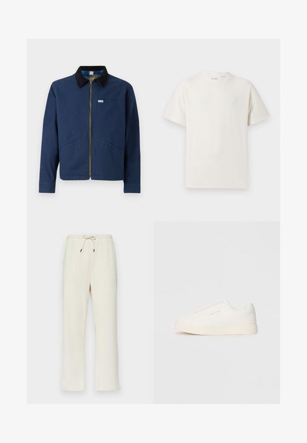Mörkblå jacka med en kordflidor-krage, framdragkedja, två.sidofickor och en liten märkesetikett på bröstet. Tyg i bomull.; Vit t-shirt med kort ärm i ribbad struktur. Rund halsringning, löst sittande passform, inga synliga mönster eller detaljer. Enkelt och mångsidigt design.; Krämfärgade ribbade sweatpants med dragsko i midjan, som har två sidofickor och en rak bendesign.; Vita slip-on sneakers med en texturerad yta, en tjock sula och minimalistisk design. Har varumärkeslogotypen på sidan.