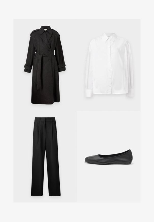 Dark gray double-breasted trench coat with a notched collar, belt, large buttons, and flap pockets. Made from a textured wool blend fabric.; White long-sleeve button-up shirt in a smooth cotton blend. Features a classic collar, front button closure, and rounded cuffs.; Black wide-leg trousers with a smooth texture, featuring front pleats and a high waist design. Made from a lightweight fabric.; Black leather ballet flat with a rounded toe, smooth texture, minimal stitching detail, and a flexible sole design.