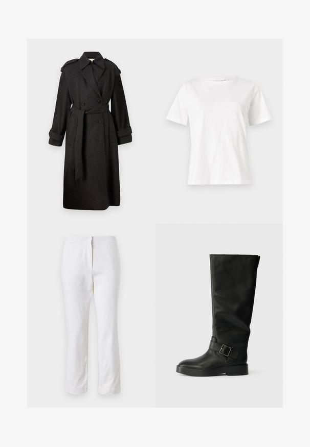 Cappotto trench doppiopetto grigio scuro con colletto a revers, cintura, grandi bottoni e tasche a patta. Realizzato in un tessuto misto lana testurizzato.; T-shirt bianca in cotone con maniche corte, scollatura rotonda e vestibilità rilassata. Struttura liscia, senza motivi né accenti, design minimalista.; Pantaloni bianchi in cotone con design a gamba dritta, caratterizzati da una vita a media altezza e senza hardware o motivi visibili. Tessuto liscio su tutta la superficie.; Stivali neri al ginocchio realizzati in pelle liscia, con punta rotonda, suola spessa e una cinghia orizzontale con un dettaglio in fibbia rettangolare.