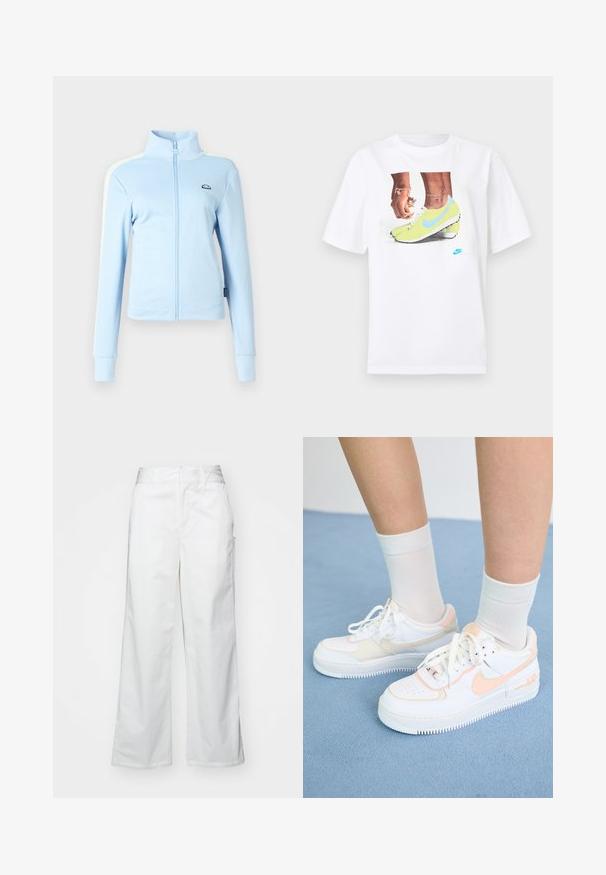 Light blue zip-up jacket with a stand collar. Features long sleeves, shoulder stripes, and a logo on the left chest. Smooth texture.; White cotton t-shirt featuring a graphic of feet in yellow Nike cleats with blue accents, paired with a bracelet on the left wrist.; White wide-leg trousers made from cotton, featuring a smooth texture, straight fit, front pockets, and a clean hem.; White sneakers with peach accents, smooth leather upper, perforated toe, textured sole, and laces. Worn with white crew socks on a blue surface.