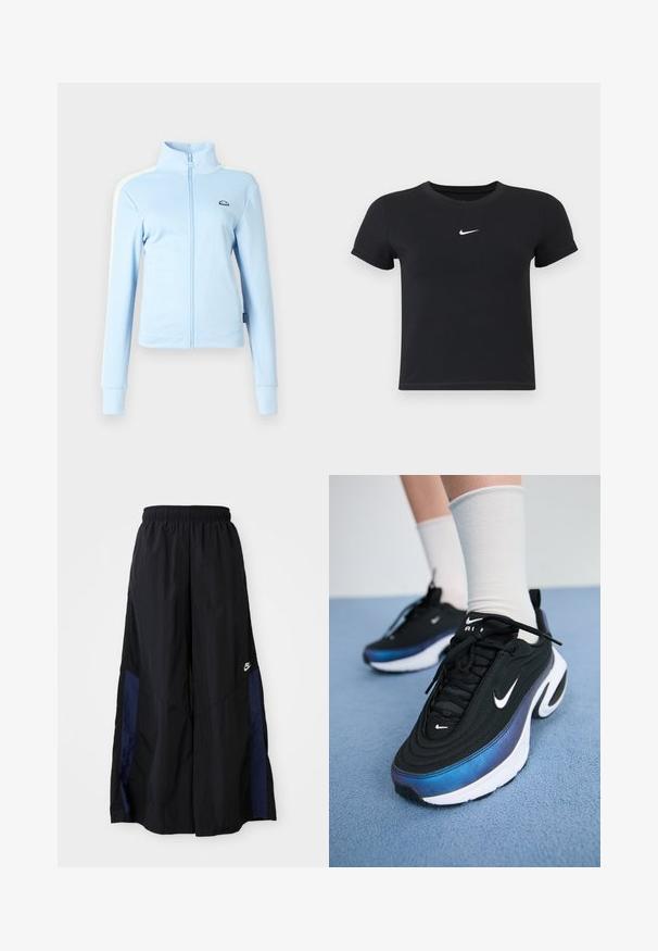 Vaaleansininen vetoketjullinen takki, jossa on pystykaulus. Ominaisuuksiin kuuluvat pitkät hihat, olkatunnukset ja logo vasemmassa rinnassa. Tasainen pinta.; Mustat lyhyet hihattomat t-paidat, jotka on valmistettu puuvillasta ja joissa on pyöreä pääntie. Sisältää valkoisen Nike-logon rinnassa, yksinkertainen muotoilu ja kapea leikkaus.; Musta leveälahkeinen housu, joka on valmistettu kevyestä kankaasta. Housuissa on tummansininen sivupaneeli ja joustava vyötärö. Alhaalla on pieni valkoinen logo.; Mustat Nike-tennarit, joissa on sileä kangaspinta, gradientti sinisestä mustaan -design, valkoinen pohja ja erottuvat logokatkaisijat.