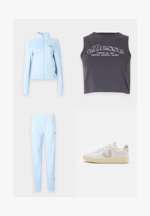 Light blue zip-up jacket with a stand collar. Features long sleeves, shoulder stripes, and a logo on the left chest. Smooth texture.; Dark gray cropped tank top made from soft cotton, featuring white printed branding text and a rounded neck with no sleeves.; Light blue athletic pants with a smooth texture, elastic waistband, and subtle pattern. Features a logo near the hip and color accents at the hem.; White leather sneaker with beige suede accents, perforated toe box, flat laces, and a textured cream sole. Features subtle branding on heel.