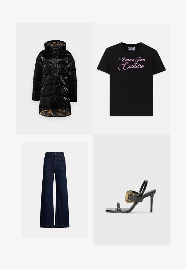 Must must värvi puffer-jakk läikiva viimistlusega, koos kapuutsi, lukuga taskute ja mustrilise kuldse voodriga. Karbis kuju ja põlvepikusega disain.; Mustra must t-särk lühikeste varrukatega, millel on roosa rhinestone'i kaunistus "Versace Jeans Couture" tekst rinnal.; Laia püksid tumesinises denimis, millel on kõrge vöökoht, kaks eesmist taskut ja kaks tagumist taskut nupuga kinnitusega.; Mustad nahast kõrged kontsad, millel on ruudukujuline varvas, kaks õhukest rihma ja dekoratiivne kuldne pandla, millel on keeruline kaunistus küljel.