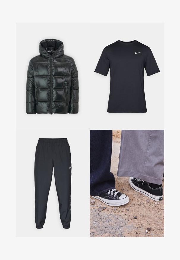 Zwarte pufferjas met een glanzende, gewatteerde textuur, capuchon en ritssluiting aan de voorkant. Beschikt over twee zijzakken en een slank silhouet.; Zwart T-shirt met korte mouwen van Nike, gemaakt van gladde stof, met een wit swoosh-logo op de bovenlinkerzijde, ronde hals.; Zwarte trainingsbroek van lichtgewicht materiaal met een elastische tailleband, enkelmanchetten en een discreet Nike-logo aan de linkerkant.; Zwarte canvas sneakers met witte rubberen zolen en veters. Één voet is gecombineerd met donkerblauwe jeans, de andere met lichtgrijze broeken.