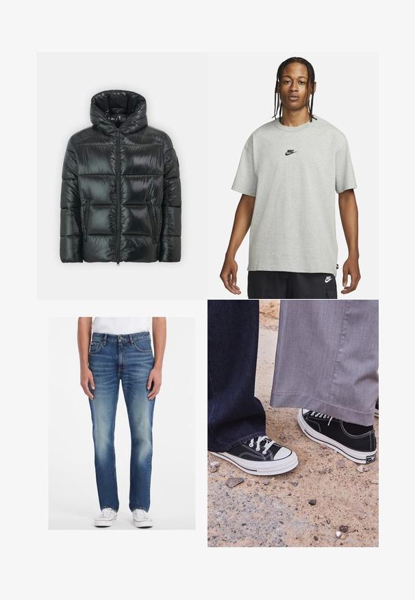 Fekete puffernadrágos kabát fényes, steppelt textúrával, kapucnival és elöl cipzárral. Két oldalsó zsebbel és testhez simuló siluettel rendelkezik.; Fiatal, fonott hajú személy világosszürke Nike pólót és fekete Nike rövidnadrágot visel, egy sima fehér háttér előtt.; Kék farmernadrág, egyenes szárú dizájnnal, világos mosással, megfakult részletekkel és öt zsebes stílusban. Fehér sportcipővel párosítva.; Fekete vászon tornacipők fehér gumitalppal és fűzőkkel. Az egyik láb sötétkék farmernadrággal, a másik világosszürke nadrággal van párosítva.