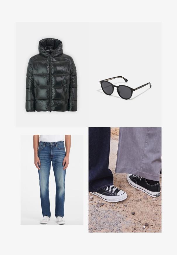 Černá péřová bunda s lesklou prošívanou texturou, kapucí a předním zipem. Obsahuje dvě boční kapsy a přiléhavý střih.; Červené bavlněné tričko s krátkým rukávem, kulatým výstřihem a malým logem na levé hrudi. Hladká textura a běžný střih.; Modré denimové džíny se střihem rovné nohavice, s jemným vyblednutím a pěti kapsami. Kombinované s bílými teniskami.; Černé plátěné tenisky s bílými gumovými podrážkami a tkaničkami. Jedna noha je spárována s tmavě modrými džíny, druhá s světle šedými kalhotami.; BOSS Sluneční brýle - black