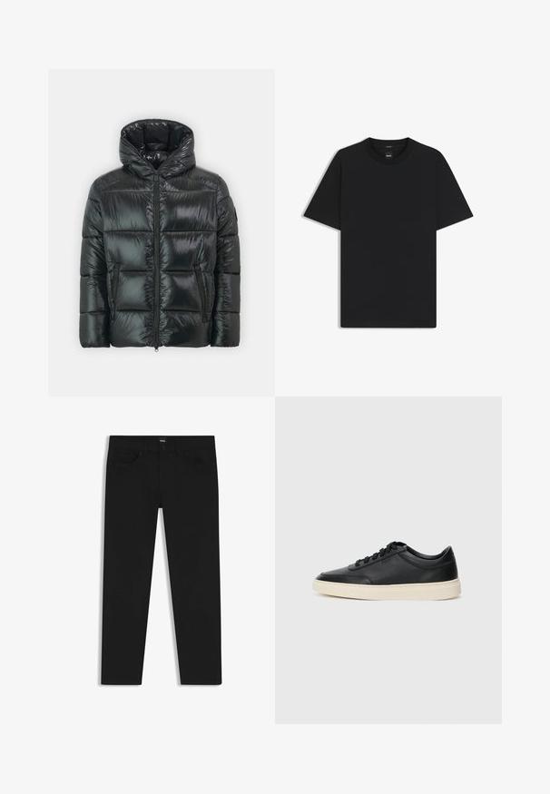 Zwarte pufferjas met een glanzende, gewatteerde textuur, capuchon en ritssluiting aan de voorkant. Beschikt over twee zijzakken en een slank silhouet.; Zwarte korte mouwen T-shirt van een gladde katoenmix, met een ronde halslijn en een minimalistisch ontwerp zonder patronen of accenten.; Zwarte denim broek met een rechte snit, voorzien van een standaard tailleband, vijf zakken en een knoopsluiting. Gladde textuur overal.; Zwarte leren sneaker met lage schacht, zwarte veters en off-white zool, weergegeven in zijprofiel op een witte achtergrond.