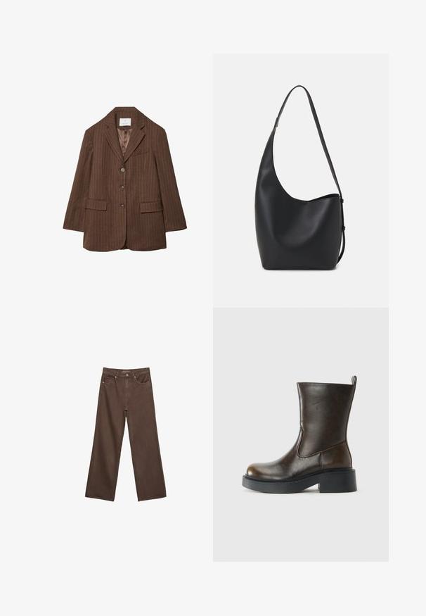 Hnedý sako s jemným pásikovaním, vybavené výstrihom s klopami, tromi prednými gombíkmi, dvoma vreckami a hladkou saténovou podšívkou.; Hnedý bezrúškový top so štvorcovým výstrihom, vyrobený z mäkkého, elastického materiálu. Má priliehavý strih a ploché švy.; Džínsy s širokými nohavicami v hnedej farbe, vyrobené z denimu, so zvýšeným pásom, prednými vreckami a klasickým zapínaním na gombík. Hladká textúra s jemným prešívaním.; Tmavohnedá kožená topánka po členky so zaoblenou špičkou, hrubou čiernou podrážkou, nízkym blokovým podpätkom a pútkom na zadnej strane.; Čierna kožená hobo taška so hladkou textúrou, zakriveným tvarom a jedným nastaviteľným popruhom; má široké otvorenie na vrchu.