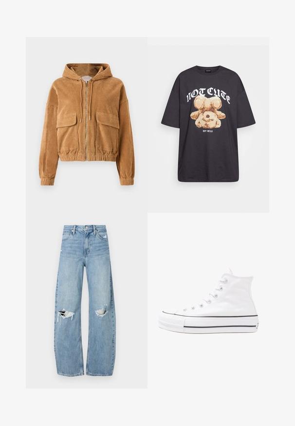 Chaqueta de pana recortada en marrón con capucha, cierre de cremallera y dos bolsillos frontales. Cuenta con puños y cinturilla elásticos.; Camiseta negra de gran tamaño con un gráfico de un oso y el texto "NO LINDO SINO SALVAJE" en letras blancas y en negrita. Material de algodón.; Vaqueros de mezclilla de tiro alto en azul claro. Tienen piernas anchas, dos áreas desgastadas en las rodillas y un estilo clásico de cinco bolsillos.; Zapatilla de lona alta blanca con suela de goma negra, puntera de goma frontal y seis ojetes para los cordones, que presenta un diseño limpio y minimalista.