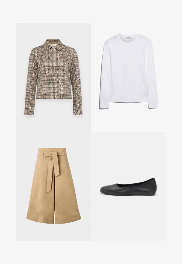 Paul & Joe VESTE - Blazer - beige; T-shirt blanc à manches longues en coton côtelé, avec un col rond et un ourlet droit. Design simple sans motifs ni accents.; Jupe midi en khaki avec une ceinture à nouer, fabriquée en coton léger, présentant une silhouette évasée et des détails de couture visibles.; Ballerines en cuir noir avec un bout rond, texture lisse, détails de couture minimalistes et design de semelle flexible.