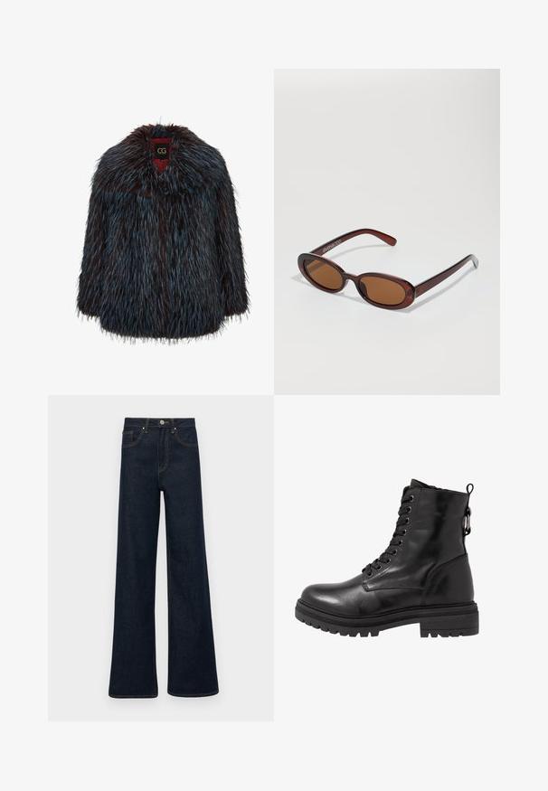 Cesare Gaspari Zimski kaput - blue; Crna rolka od mekog pletiva. Ima duge rukave i prilagođeni kroj s ravnim rubom.; Tamno plave široke traperice s prednjim džepovima, petljama za remen i dugmetom za zatvaranje.; Crne kožne čizme do gležnja s okruglim prstom, vezanjem sprijeda i teksturiranom gumenom potplatom. Imaju petnu oznaku i pojačane šavove.; Okvir okruglih, smeđkastih sunčanih naočala s sjajnim burgundskim okvirom. Uski nositelji s suptilnim brendiranjem. Ravna leća.; Crna marama napravljena od mekane, teksturirane tkanine. Ima franjane rubove i pravokutni oblik, pogodna za omotavanje oko vrata.