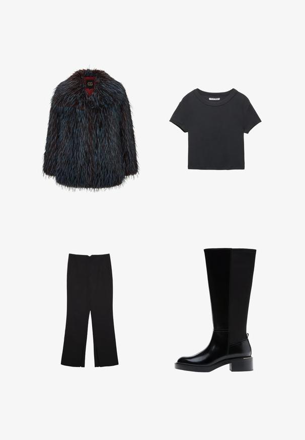 Cesare Gaspari Zimski kaput - blue; Crni skraćeni majica od rebraste tkanine. Ima okrugli izrez i kratke rukave. Jednostavan dizajn bez uzoraka ili akcenata.; Crne hlače ravnog kroja, s prednjim džepovima i bočnim prorezima na rubu. Izrađene od mekog i glatkog materijala. Pogodne za razne prigode.; Crna čizma do koljena s glatkom kožnom završnom obradom, istaknutim šavovima, masivnom petom i teksturiranim stražnjim panelom za dodatni interes.