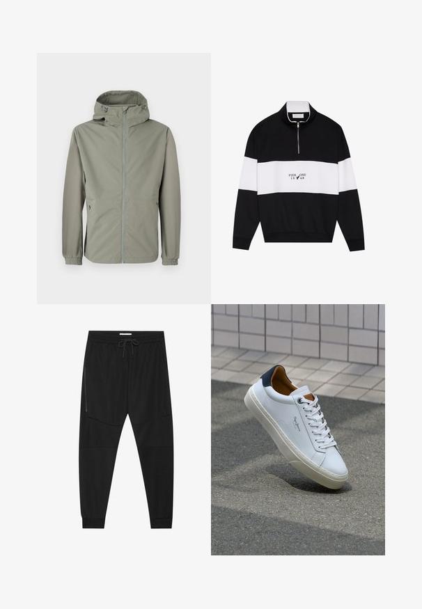 Letthurt, hættejakke i dæmpet grøn. Har en frontlynlås, elastiske manchetter og sidelommer for funktionalitet. Glat stoftekstur.; Pier One Sweatshirt - jet black; Sorte træningsbukser lavet af tekstureret stof, med justerbar talje, lynlåslomme på siden og tapered cuffs.; Hvide lædersneakers med en marineblå hæl, rund tå og kontrasterende brune detaljer. Har flade snørebånd og en tekstureret gummisål.