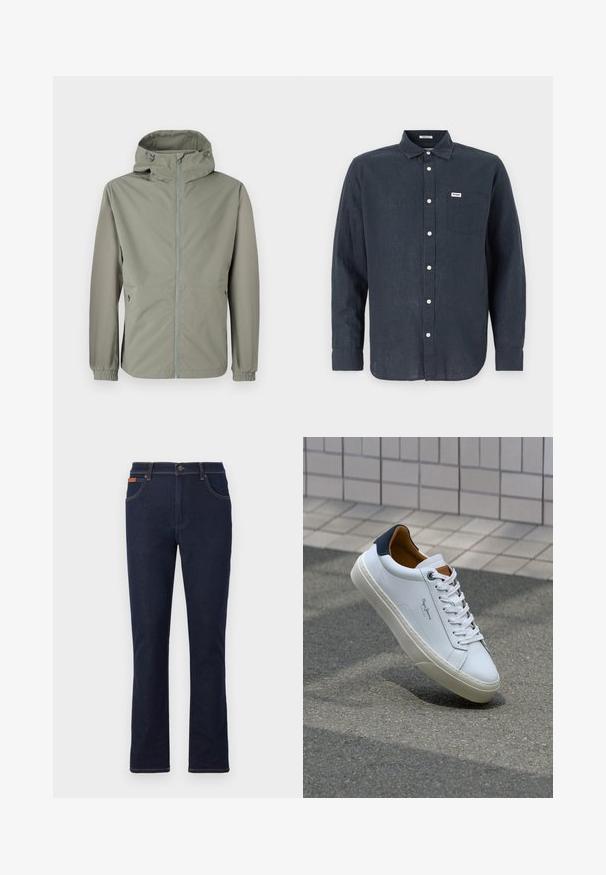 Leichte, kapuzenjacke in sanftem Grün. Verfügt über einen Reißverschluss vorne, elastische Bündchen und Seitentaschen für Funktionalität. Glatte Stoffoberfläche.; Dunkelblaues Langarmhemd aus Leinen mit Button-Down-Kragen, Fronttasche und weißen Knöpfen. Wrangler-Logo auf der Tasche.; Dunkelblaue Jeans mit geradem Beinschnitt, ausgestattet mit orangefarbenen Nähten, fünf Taschen und einem Knopfverschluss an der Taille.; Weiße Ledersneaker mit navyfarbenem Fersenbereich, runder Zehenpartie und kontrastierenden braunen Akzenten. Verfügt über flache Schnürsenkel und eine strukturierte Gummisohle.