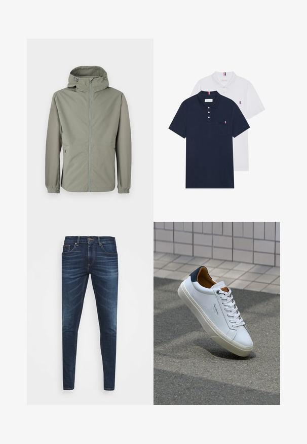 Jachetă ușoară cu glugă, de culoare verde pal. Prezintă un fermoar frontal, manșete elastice și buzunare laterale pentru funcționalitate. Textură de țesătură netedă.; Două tricouri polo: unul albastru navy și unul alb, ambele având un mic accent roșu, alb și albastru pe buzunarul de la piept și guler.; Jeans din denim de culoare albastră închisă, cu o croială slim, ușor decolorate, cinci buzunare și închidere cu buton metalic. Detalii cusute în culori contrastante.; Adidași din piele albă cu călcâi bleumarin, vârf rotund și accente contrastante de culoare maro. Dispun de șireturi plate și talpă din cauciuc texturat.