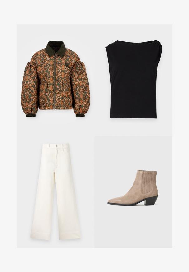 Geacă puffer cu o bază verde și un model floral complex în nuanțe de portocaliu. Are un guler din cord, închidere cu fermoar pe față și mâneci ajustate.; Top negru cu maneci scurte, fabricat dintr-un material neted. Prezintă un decolteu rotund și un detaliu drapat pe umăr. Design simplu, ajustat.; Pantaloni cu croi larg din bumbac bej deschis. Prezintă talie înaltă, buzunare frontale și croi drept. Terminare netedă a tivului, fără modele.; Botine din suede bej, cu vârf ascuțit și toc modelat, având accente de cusături verticale pe laturi.