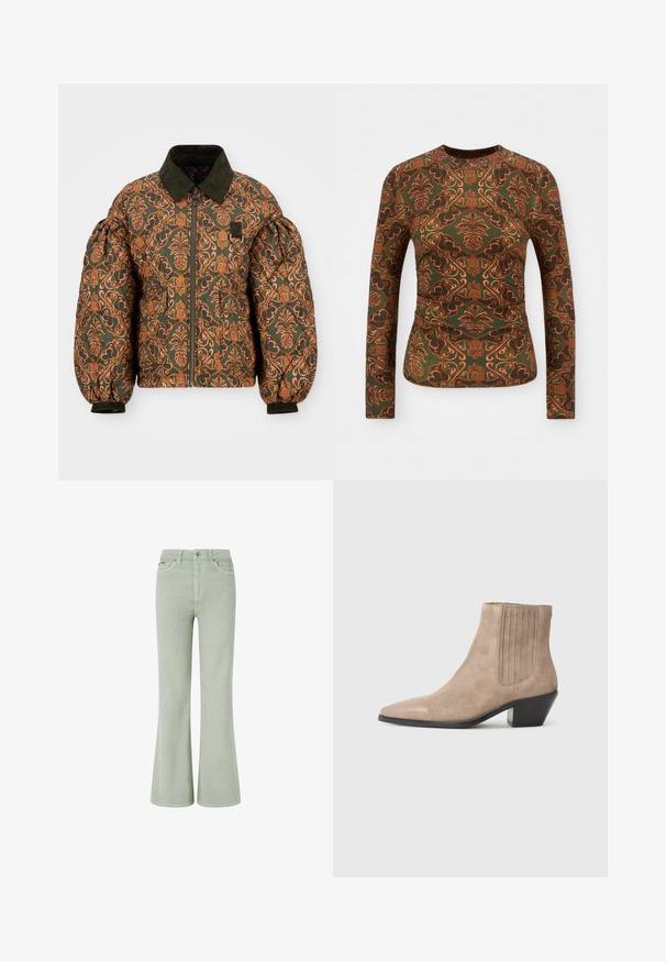 Bunda s vycpávkou s zeleným základem a složitým oranžovým květinovým vzorem. Obsahuje kordový límec, zip vpředu a stažené rukávy.; Zelený top s dlouhým rukávem, který má květinový a paisley vzor v odstínech oranžové a hnědé. Lodičkový výstřih, přiléhavý střih.; Zelené kordové zvonové džíny s středně vysokým pasem, předními kapsami, zapínáním na knoflík a jemnou texturou.; Beige semišové kotníkové boty s špičatou špičkou a tvarovaným podpatkem, se svislými stehy na bocích.