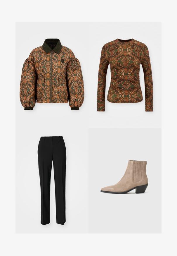 Puffer jacket with a green base and intricate orange floral pattern. Features a corduroy collar, zip front, and cinched sleeves.; Long-sleeve top in green fabric featuring a floral and paisley pattern in shades of orange and brown. Crew neckline, fitted design.; Black tailored trousers with a straight-leg design, featuring a smooth texture and crisp creases along the front. No visible hardware.; Beige suede ankle boot with a pointed toe and molded heel, featuring vertical stitching accents on the sides.