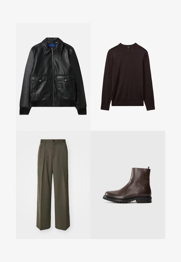 Čierna kožená bunda s golierom, dvoma prednými vreckami s klopou, zipsom a rebrovanými manžetami. Hladká textúra s minimálnym zdobením.; Reiss Svetrík - dark bordeaux; Filippa K WIDE TROUSERS - Nohavice - driftwood; Hnedé kožené členkové topánky s hladkým povrchom, elastickými bočnými panelmi, pŕhľavým pútkom vzadu a robustnou gumovou podrážkou.