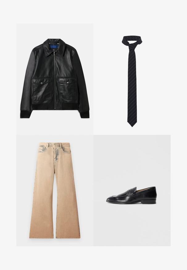 Zwarte leren jas met een kraag, twee frontale klepzakken, ritssluiting en geribbelde manchetten. Gladde textuur met minimale details.; Witte langemouw overhemd van gestructureerde stof, met een klassieke kraag, knopen vooraan en een rechte zoom, met een losse pasvorm.; Beige wijde jeans met vervaagde textuur, vijf-pocket ontwerp en gestikte details langs de naden. De taille heeft een traditionele knoopsluiting.; Zwarte leren instapper met een gladde afwerking, spitse neus en subtiele stikseldetails. Heeft een platte hak en een gegraveerd logo aan de zijkant.; Zwarte vlinderdas met diagonale blauwe strepen, gemaakt van een gladde stof. Heeft een taps toelopend uiteinde en een geknoopte lus aan de bovenkant.