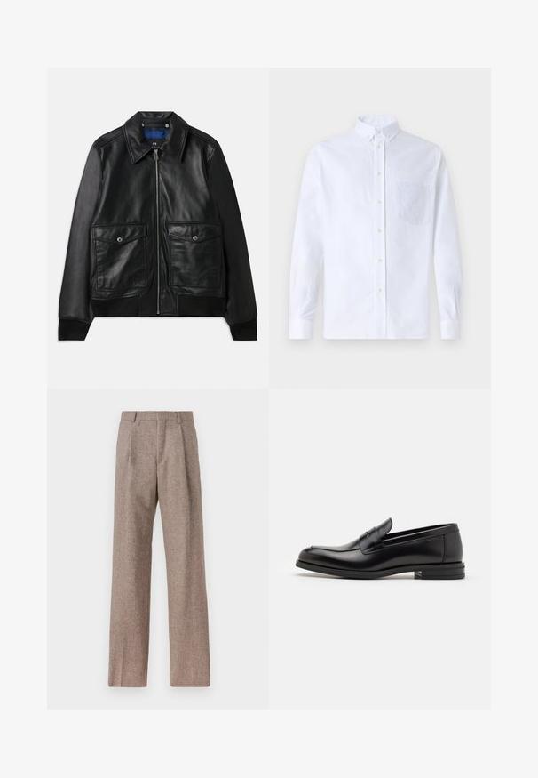 Svart läderjacka med krage, två framfickor med klaff, blixtlås och ribbade manschetter. Slät yta med minimal detaljering.; Vit långärmad skjorta med knappar, tillverkad av bomull, med en bröstficka med ton-i-ton broderi, krage och knappmanchetter.; Bruna, högmidjade byxor i texturerat tyg. Har vida ben och två framvikningar för struktur. Välavslutad utan synlig hårdvara.; Svarta läderloafers med en slät yta, rund tå och ett dekorativt band över främre delen. Låg staplad klack, minimalistisk design.