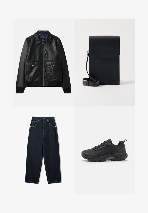 Fekete bőrdzseki, galléros nyakkal, két elülső zsebbekkel, cipzáras záródással és bordázott mandzsettákkal. Simább textúra és minimális részletezéssel.; Szürke, hosszú ujjú henley póló bordás anyagból, három gombos nyakkivágással és enyhén testhez simuló fazonnal.; Széles szárú, sötét farmernadrág kontrasztos fehér varrással, öt zsebbel és gombos záródással. Magas derék kialakítás jellemzi.; Fekete terepfutó cipő, texturált hálós felsőrésszel, megerősített gumi orral és strapabíró talppal. Reflektáló részletek és támogató sarkak.; Fekete bőr keresztpántos táska, amelyet fedélzárás, állítható pánt, sima felület és minimalista dizájn jellemez. Finom varrási részletek láthatók.