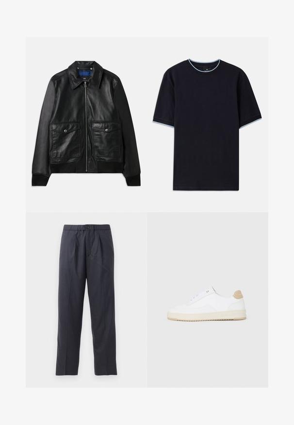 Čierna kožená bunda s golierom, dvoma prednými vreckami s klopou, zipsom a rebrovanými manžetami. Hladká textúra s minimálnym zdobením.; Tmavomodré tričko s krátkym rukávom a okrúhlym výstrihom, so svetlomodrými akcentmi na golieri a rukávoch. Vyrobené z mäkkej bavlnenej tkaniny.; Tmavomodré nohavice vyrobené z mäkkej tkaniny s plisovaným predným dizajnom a elastickým pásom. Obsahujú zapínanie na gombík a strih s priamymi nohavicami.; Biele nízke tenisky s textúrovaným koženým zvrškom, krémovou drážkovanou podrážkou a akcentom v hnedej farbe na podpätku. Majú biele šnúrky a detail loga na päte.
