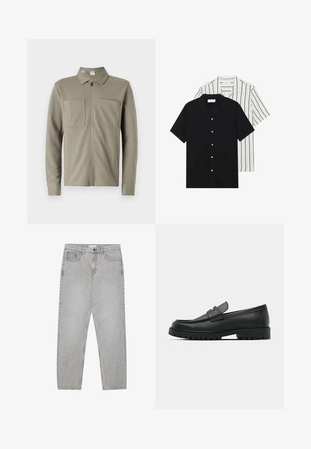 Olive green zip jacket made of textured fabric, featuring a collared neck and two large front pockets. Long sleeves with cuffed hems.; Two short-sleeve shirts: one solid black, one white with black vertical stripes. Both feature button closures and a classic collar.; Light grey denim pants with a straight-leg design, five-pocket styling, and a button closure. Visible stitching along the seams.; Black leather loafers with a rounded toe, featuring a stitched design, low platform sole, and a textured, lugged rubber outsole.