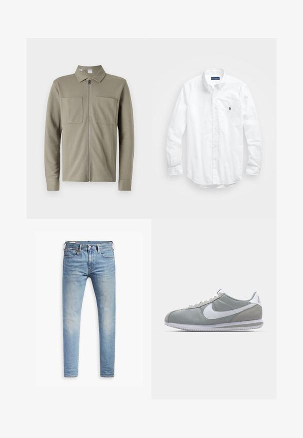 Jachetă verde măslinie cu fermeture, realizată dintr-un material texturat, având guler și două buzunare mari în față. Mâneci lungi cu tivuri căptușite.; Cămașă albă cu mânecă lungă și nasturi din bumbac. Are un guler clasic, manșete cu nasturi și un mic logo brodat în navy pe piept.; Jeans slim-fit de culoare albastru deschis, cu un ușor efect de decolorare pe coapse, închidere frontală cu nasture, bucle pentru Curea și stil de cinci buzunare, pe un fundal alb.; Pantofii sport gri au un superior din suede și textil, cu simbolul Nike alb și șireturi albe. Dispun de o talpă din cauciuc texturat și un guler căptușit.