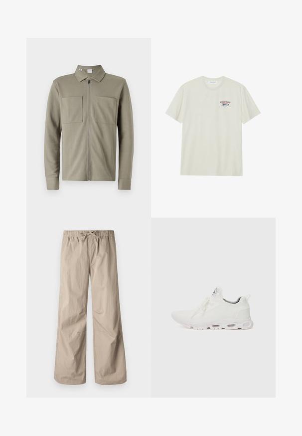Casaco de fecho éclair verde oliva, feito de tecido texturizado, com gola e dois grandes bolsos frontais. Mangas longas com bainhas com punhos.; T-shirt de algodão creme claro com mangas curtas. Apresenta um pequeno gráfico azul e vermelho de um marlim com o texto "MARLIN TROPHY".; Calças largas bege com cintura elástica e cordão. Textura suave, dois bolsos laterais e costuras mínimas para um ajuste descontraído.; Ténis atléticos brancos com um superior em malha texturizada, atacadores planos e uma sola acolchoada com câmaras de ar visíveis para maior suporte.