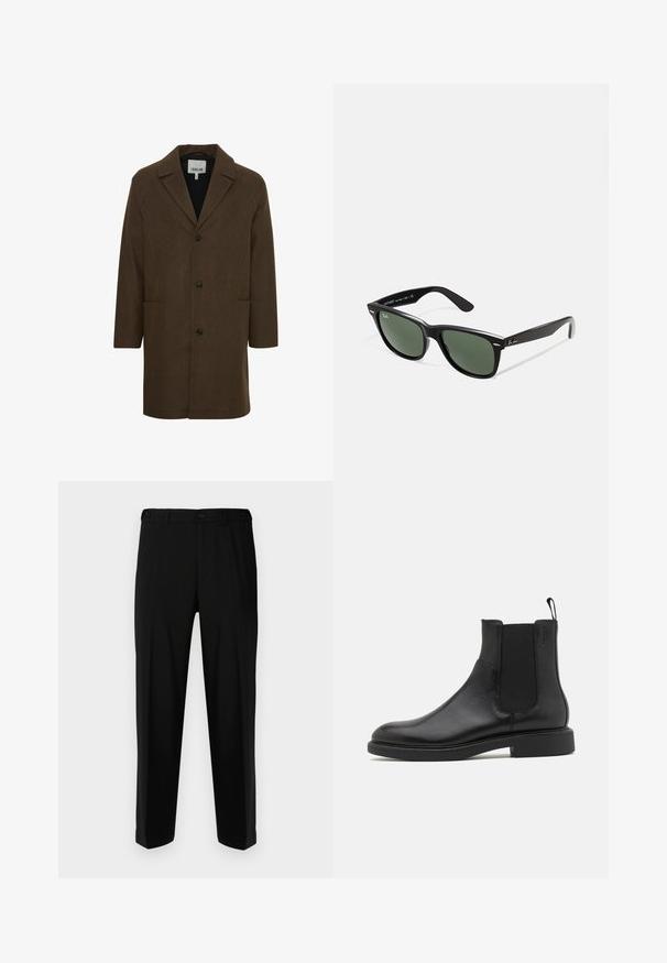 Brune wollen blendjas met een opstaande kraag, frontknopen en zijzakken. Heeft gestructureerde schouders en een rechte snit.; Bruine geruite overhemd met lange mouwen en een button-down kraag, met een relaxte pasvorm en een iets gebogen zoom. De stof is gem textuurd.; Zwarte broek van gladde stof, met een rechte snit, twee voorzakken en een ritssluiting met knoopsluiting.; Zwarte leren enkelboot met een gladde textuur, elastische zijpanelen en een trekhaak. Ronde neus en platte rubberen zool met minimale profiel.; Zwarte plastic zonnebril met groene lenzen, vierkante montuur, zilveren accent op de wenkbrauw en een gestructureerde tempel. Merken vermeld op de binnenkant van de arm.