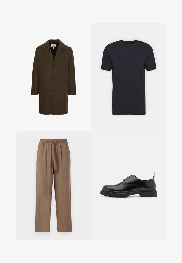 Brun uldblandingsfrakke med klippet krave, frontknapper og sidelommer. Har strukturerede skuldre og en lige snitdesign.; Sort bomulds t-shirt, korte ærmer, rund halsudskæring, ensfarvet, let stof, glat tekstur, ingen synlige mønstre eller grafik.; Brune, lette, vævede bukser med en tekstureret finish. Har en elastisk talje og et snor til justerbar pasform. Lige ben.; Sorte læder snørebåndssko med en afrundet tå, glat overflade og ribbet gummisål. Har en lille hæl og en løkke bagpå.