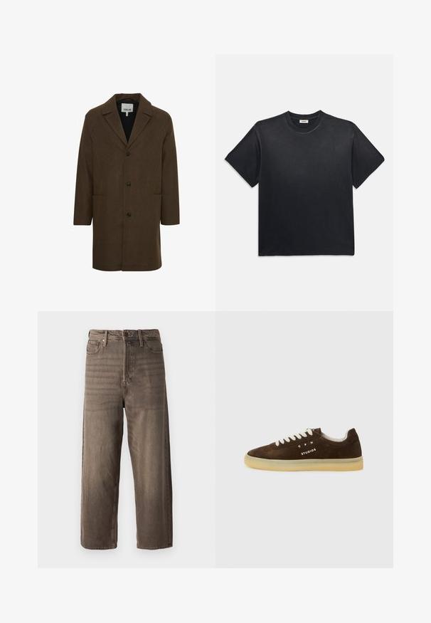 Rudas vilnos mišinys paltas su išpjauta apykakle, priekiniais mygtukais ir šoninėmis kišenėmis. Turi struktūruotus pečius ir tiesios linijos dizainą.; Juodas medvilninis marškinėliai su apvaliu kaklu ir trumpomis rankovėmis. Turi laisvą siluetą, lygią tekstūrą ir minimalistinį dizainą.; Rudos platūs džinsai, pagaminti iš džinsinio audinio. Yra užtrauktukas, diržo kilpos ir penki kišenės. Audinys atrodo išblukęs, su tekstūrine išvaizda.; Rudi zomšo sportbačiai su baltais raišteliais, ant šono su balta "CPH STUDIOS" logotipu ir šviesiai ruda guma. Klasikinis žemas dizainas.