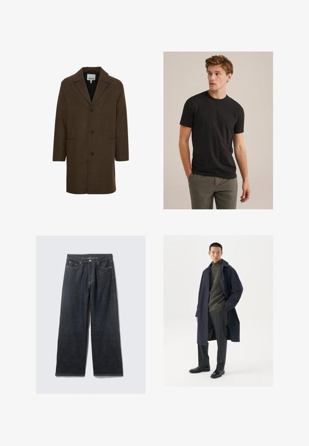 Barna gyapjú keverék kabát, kivágott gallérral, elülső gombokkal és oldalzsebekkel. Strukturált vállakkal és egyenes vonalú szabással rendelkezik.; Fiatal férfi göndör világosbarna hajjal, fekete rövid ujjú pólót és szürke nadrágot viselve, balra néz, kezét a zsebében tartva.; Sötét farmer széles szárú nadrág magas derékkal, kontrasztos narancssárga varrásokkal, öt zsebből álló kialakítással és elöl gombos zárással.; Tengerész kabát gombos záródással, zöld textúrájú pulóver, fekete nadrág és fekete bőr csizma. Simább anyag, formázott sziluettel.