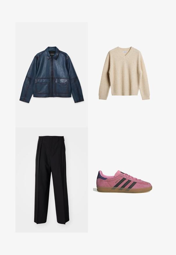 J.LINDEBERG JED PARTY JACKET - Lederjacke - key largo; Beige, gerippter Strickpullover mit V-Ausschnitt und langen Ärmeln. Bietet eine lockere Passform und eine strukturierte Oberfläche für zusätzliche Wärme und Komfort.; Weißes Baumwoll-T-Shirt mit rundem Halsausschnitt, kurzen Ärmeln und lockerer Passform. Verziert mit einem Markenlabel mit der Aufschrift "WEEKDAY" am Halsausschnitt.; Schwarze, plissierte Hose mit geradem, weitem Bein. Hergestellt aus glattem Stoff, mit Knopfverschluss und Gürtelschlaufen.; Rosa Wildleder-Sneaker mit schwarzen Streifen, Gummisohle und strukturiertem lila Fersenbereich. Verfügt über ein Schnürdesign und geprägte Markenkennzeichnung an der Seite.