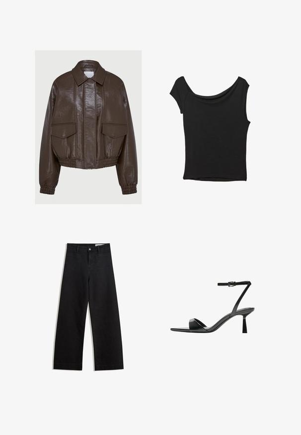 Veste cropped en simili cuir marron avec un col, des poignets élastiques, deux poches avant et des détails de couture décoratifs.; Haut noir à manches courtes en tissu lisse ; il présente un col drapé et un ourlet asymétrique, avec un corps ajusté.; Pantalon en denim noir à jambes larges avec une taille haute, comprenant des poches avant et arrière, des coutures piquées et une fermeture à bouton. Texture lisse.; Bershka Sandales à talons hauts - black