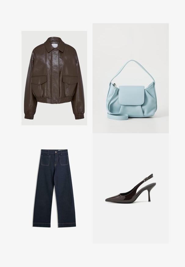 Rjava umetna usnjena kratka jakna s ovratnikom, elastičnimi manšetami, dvema sprednjima žepoma in dekorativnim šivanjem.; Črna kratka majica s kratkimi rokavi, narejena iz mehke tkanine, z okroglim izrezom in sproščenim krojem, z gladko teksturo in brez vzorcev.; Temno modre široke jeans hlače iz denima s kontrastnim svetlo rjavim šivi, dvema zadnjima žepoma in gumbom za zapirjanje v pasu.; Slingback visoke pete v sijajni temno rjavi lak koži, koničastim nosom, odprtimi stranmi in nastavljivim gležnjenčkim trakom.; Svetlo modra usnjena torbica z zgornjim ročajem, sprednjim žepom s preklopom in odstranljivim zapestnim trakom na beli podlagi.