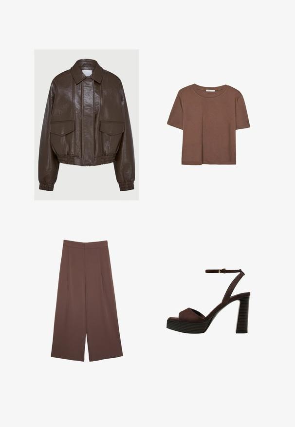 Brązowa kurtka cropped z faux skóry z kołnierzykiem, elastycznymi mankietami, dwiema przednimi kieszeniami oraz dekoracyjnym ściegowaniem.; Brązowa koszulka z krótkim rękawem, wykonana z miękkiego materiału, z okrągłym dekoltem i luźnym krojem. Brak widocznych wzorów lub akcentów.; Brązowe spodnie o szerokich nogawkach z gładką fakturą, z wysokim stanem i plisami z przodu. Materiał jest lekki i luźno opada.; Brązowe zamszowe sandały na wysokim obcasie z odkrytymi palcami, regulowanym paskiem na kostce i paskowatą podeszwą.