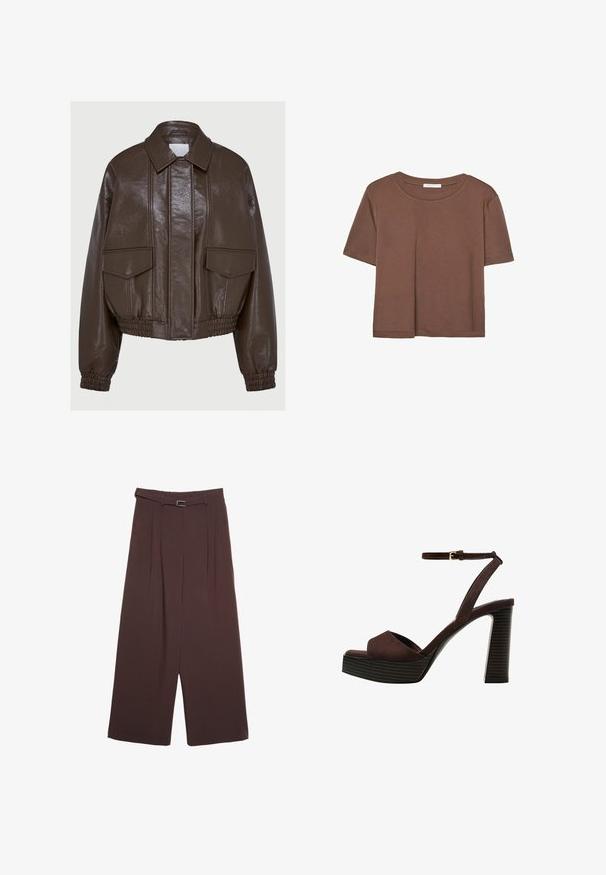 Rjava umetna usnjena kratka jakna s ovratnikom, elastičnimi manšetami, dvema sprednjima žepoma in dekorativnim šivanjem.; Rjava kratka majica s kratkimi rokavi iz mehkega materiala, s krožnim izrezom in ohlapnim krojem. Brez vidnih vzorcev ali dodatkov.; Stradivarius WIDE-LEG WITH BUCKLE DETAIL - Hlače - dark brown; Rjave semiš sandale z visoko peto, odprto spredaj, z nastavljivim gležnjenjem in črtastim podplatom.