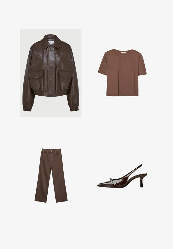 Rjava umetna usnjena kratka jakna s ovratnikom, elastičnimi manšetami, dvema sprednjima žepoma in dekorativnim šivanjem.; Rjava kratka majica s kratkimi rokavi iz mehkega materiala, s krožnim izrezom in ohlapnim krojem. Brez vidnih vzorcev ali dodatkov.; Široke rjave kavbojke iz denima, ki imajo visok pas, sprednje žepe in klasično zapiranje na gumb. Gladka tekstura s subtilnim šivom.; Rjave lakirane slingback čevlje z oglatim nosom, nizko peto in dekorativno pentljo na sprednji strani. Gladka, sijoča tekstura.