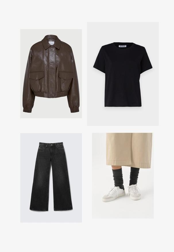 Brown faux leather cropped jacket with a collared neck, elasticated cuffs, two front pockets, and decorative stitching details.; Black short-sleeve t-shirt made of cotton. Features a crew neckline and relaxed fit. Label reads “WEEKDAY” at the collar.; Black wide-leg jeans with a high waist, made from denim. Features copper hardware, five-pocket design, and a faded texture.; White and gray sneakers with a black heel accent, featuring a smooth leather upper and textured suede toe. Worn with dark gray slouchy socks.