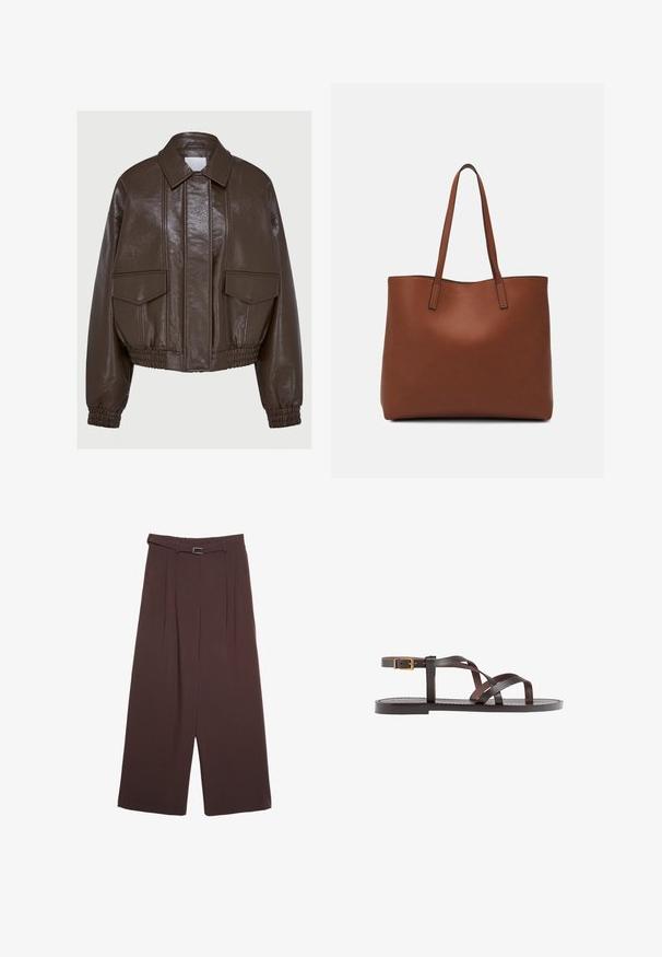 Smeđa jakna od umjetne kože, skraćena, s ovratnikom, elastičnim rukavima, dva prednja džepa i ukrasnim šavnim detaljima.; Bijela majica kratkih rukava od pamuka. Ima okrugli izrez i opušteni kroj. Glatka tekstura bez vidljivih uzoraka ili naglasaka.; Stradivarius WIDE-LEG WITH BUCKLE DETAIL - Hlače - dark brown; Smeđe kožne sandale s iskrižanim trakama, umetkom za zapešće s kopčanjem i ravnim potplatom s minimalnim detaljima šivanja.; Smeđa kožna torba preko ramena s glatkom teksturom, otvorenim vrhom i dvjema naramenicama. Ima minimalne šavove i nema vidljivog hardvera.