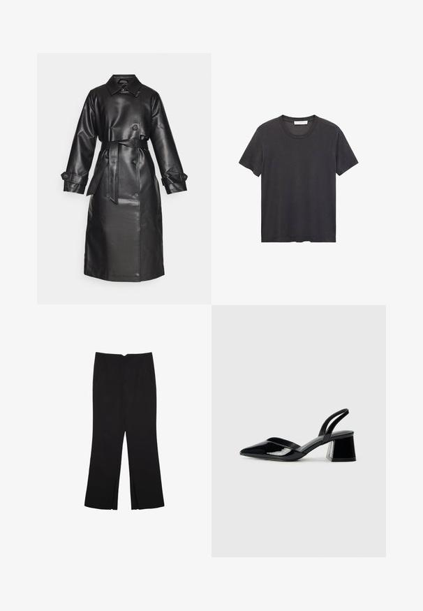 Vero Moda VMAMALIE czarny; Czarna koszulka bawełniana z okrągłym dekoltem. Krótkie rękawy, luźny krój i prosty dół bez ozdób czy wzorów.; Czarne spodnie o prostym kroju, z przednimi kieszeniami i bocznymi rozcięciami na dole. Wykonane z miękkiego, gładkiego materiału. Odpowiednie na różne okazje.; Czarne lakierowane półbuty na obcasie z wydłużonym noskiem i geometrycznym słupkiem. Charakteryzują się eleganckim, minimalistycznym designem oraz gładką fakturą.