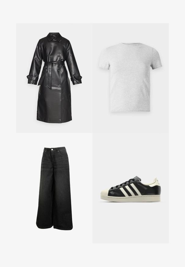 Vero Moda VMAMALIE LONG - Καμπαρντίνα - black; Γκρι κοντομάνικο μπλουζάκι με στρογγυλή λαιμόκοψη, κατασκευασμένο από μείγμα βαμβακιού, με λεία υφή και απλό, αδιάκοπο σχέδιο.; Μαύρα τζιν με φαρδιά πόδια, ψηλή μέση, μπροστινό κουμπί, τσέπες και διακριτό λογότυπο στην μπροστινή τσέπη.; Μαύρα δερμάτινα sneakers με λευκές ρίγες, καουτσούκ προστατευτικό στην μύτη, μαύρα κορδόνια και κρεμ outsole. Λείος υφής με γυαλιστερή φινίρισμα.